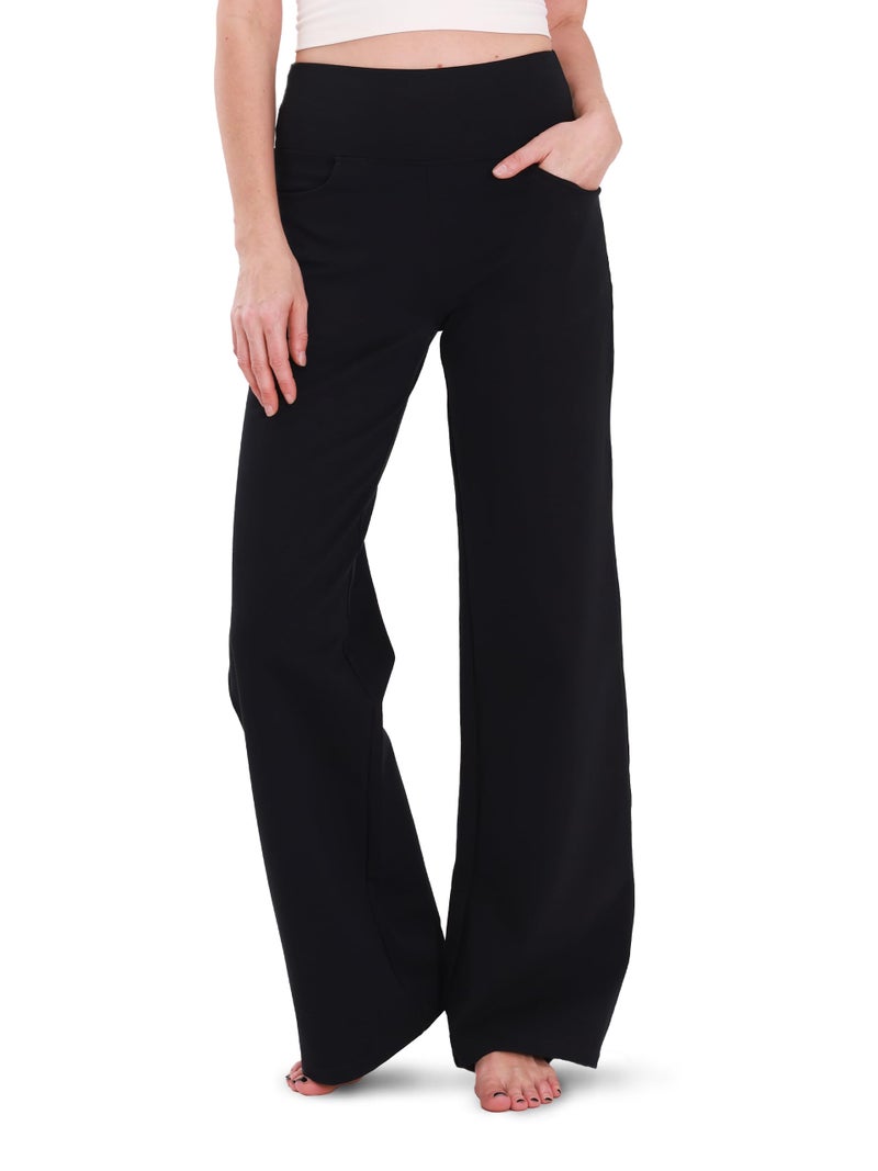 Houmous Wide Leg Pants Women Cotton Yoga Pants High Waist Loose Lounge Stretch Trousers with Pockets, 34 Inseam, Black, M - Image 1