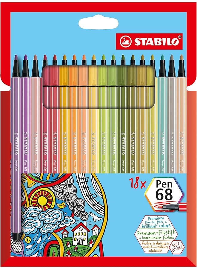 STABILO Premium Felt Tip Pen Pen 68 Wallet Of 18 Assorted Colors  - Image 1