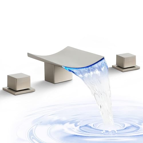 SKOWLL 8 Inch Widespread Bathroom Faucet, Brushed Nickel LED Deck Mount Wateerfall Faucets, 2 Handle Modern Vanity Faucet for Sink 3 Hole - Image 1
