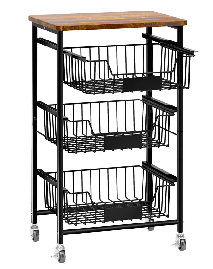 4TIER SMALL KITCHEN STORAGE CART ON WHEELS METAL FRUIT BASKET STAND WITH PULLOUT BASKETS WOOD TOP FOR POTATO ONION PRODUCE SNACK VEGGIES
