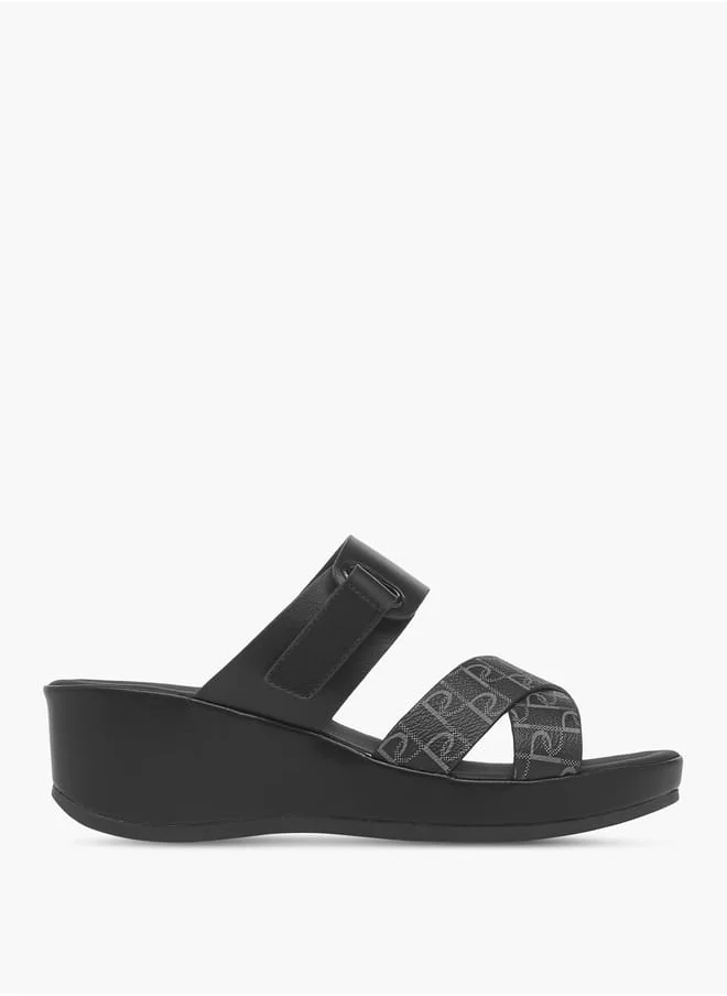 Paprika Women's Monogram Print Slip-On Cross-Strap Sandals With Wedge Heel