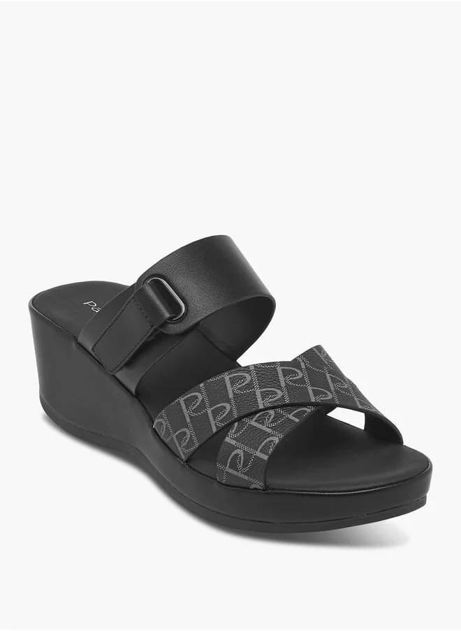 بابريكا Women's Monogram Print Slip-On Cross-Strap Sandals With Wedge Heel