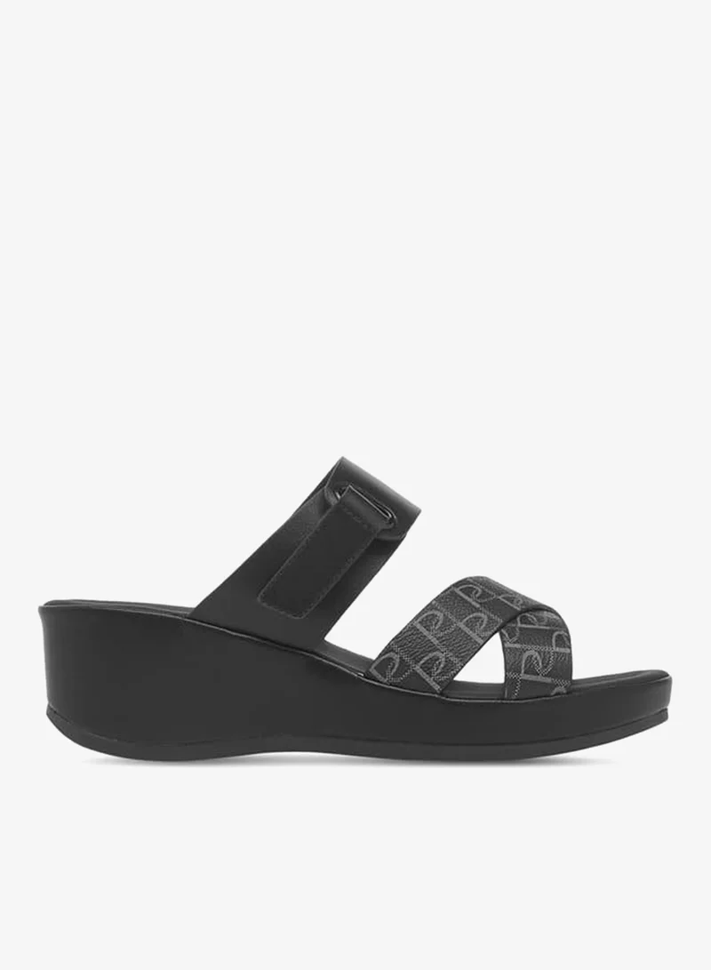 Paprika Women's Monogram Print Slip-On Cross-Strap Sandals With Wedge Heel