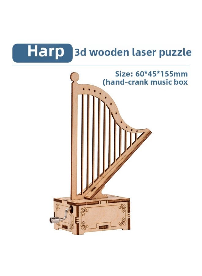 Children's Ferris Wheel Music Box Piano Assembled Music Box Carousel Wooden Handmade Puzzle Play-Color:Harp Hand Crank Music Box - Image 1