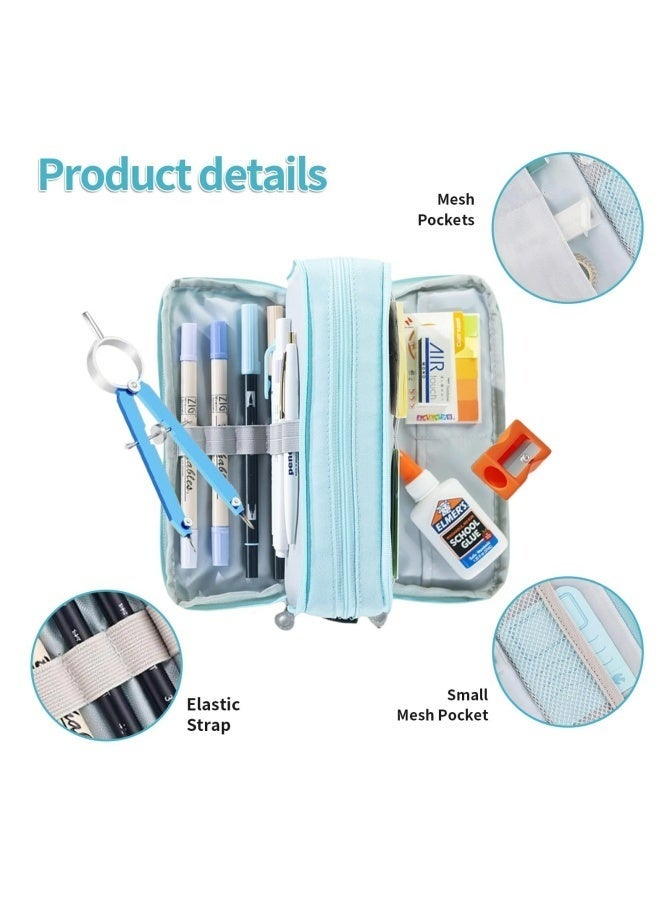 حقيبة أقلام رصاص كبيرة السعة بثلاث حجرات مصنوعة من قماش أكسفورد عالي الجودة، حقيبة قرطاسية زرقاء للمدرسة والمراهقين والفتيات والأولاد والنساء، حقيبة تخزين متعددة الوظائف مثالية للفصول الدراسية والمكتب والواجبات المنزلية والسفر والتخييم والاستخدام اليومي، منظم متين مقاوم للماء مع جيوب واسعة - Image 4