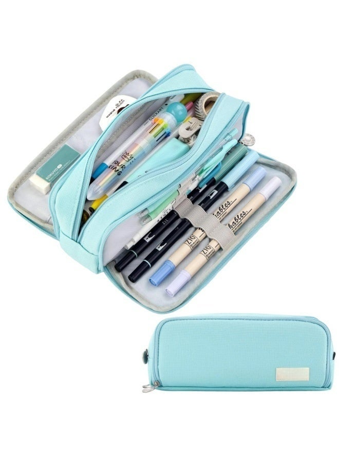 حقيبة أقلام رصاص كبيرة السعة بثلاث حجرات مصنوعة من قماش أكسفورد عالي الجودة، حقيبة قرطاسية زرقاء للمدرسة والمراهقين والفتيات والأولاد والنساء، حقيبة تخزين متعددة الوظائف مثالية للفصول الدراسية والمكتب والواجبات المنزلية والسفر والتخييم والاستخدام اليومي، منظم متين مقاوم للماء مع جيوب واسعة - Image 1
