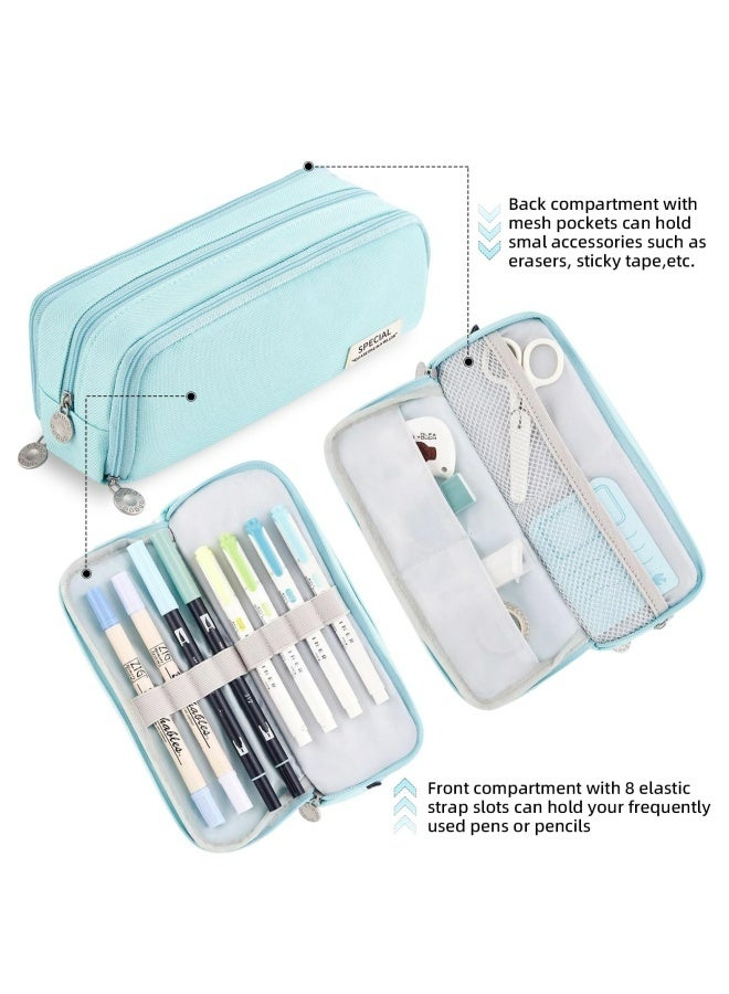حقيبة أقلام رصاص كبيرة السعة بثلاث حجرات مصنوعة من قماش أكسفورد عالي الجودة، حقيبة قرطاسية زرقاء للمدرسة والمراهقين والفتيات والأولاد والنساء، حقيبة تخزين متعددة الوظائف مثالية للفصول الدراسية والمكتب والواجبات المنزلية والسفر والتخييم والاستخدام اليومي، منظم متين مقاوم للماء مع جيوب واسعة - Image 2