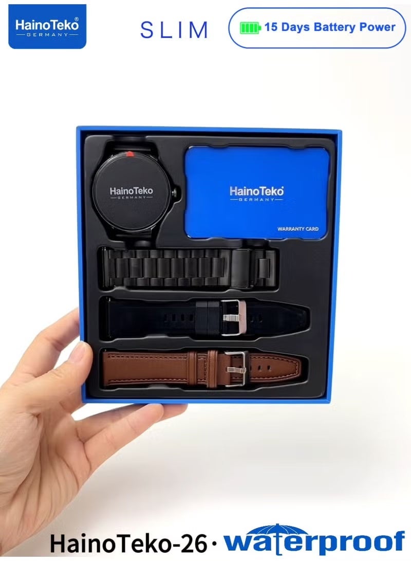 Haino Teko HainoTeko-26 Slim Waterproof Smartwatch with AMOLED Display – Bluetooth Calling, 15-Day Battery, Health & Fitness Tracking, Sleep Monitoring, 3 Interchangeable Straps, Stylish Black Design for Men, Work, Fitness, Daily Use - Image 4