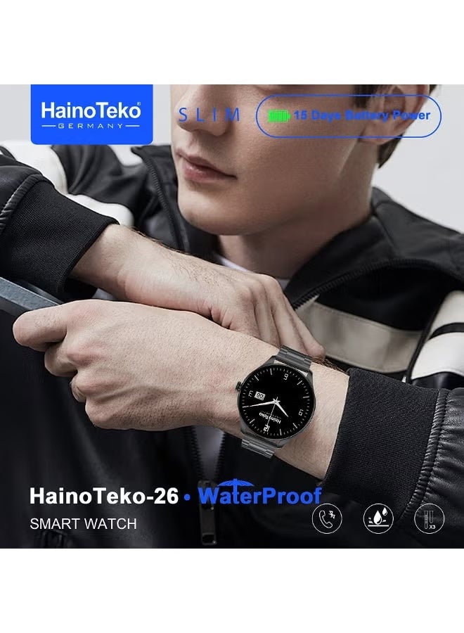 Haino Teko HainoTeko-26 Slim Waterproof Smartwatch with AMOLED Display – Bluetooth Calling, 15-Day Battery, Health & Fitness Tracking, Sleep Monitoring, 3 Interchangeable Straps, Stylish Black Design for Men, Work, Fitness, Daily Use - Image 3