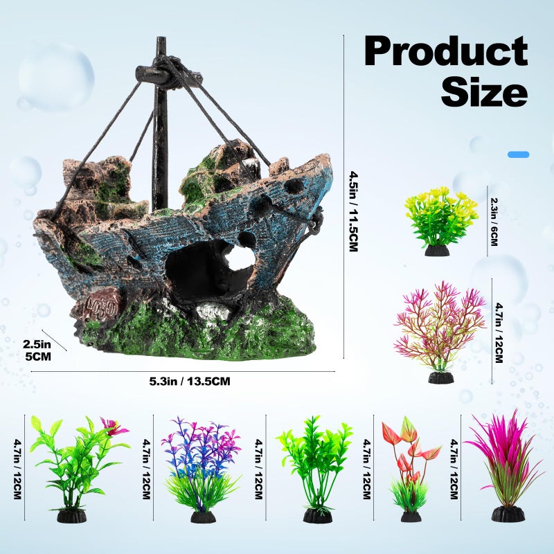 Xereooe 8Pcs Fish Tank Decorations Set Sunken Ship Decoration,Resin Material Fish Tank Accessories Accessories for Natural Look, Aquarium Shipwreck x 1pc, Aquatic Plants x 7pcs - Image 2