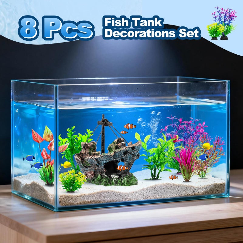 Xereooe 8Pcs Fish Tank Decorations Set Sunken Ship Decoration,Resin Material Fish Tank Accessories Accessories for Natural Look, Aquarium Shipwreck x 1pc, Aquatic Plants x 7pcs - Image 5