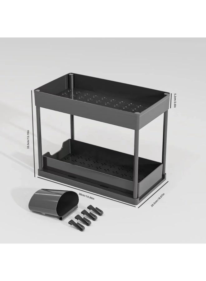 Under Sink Organizer, 2 Tier Bathroom Cabinet Organizers and Storage with Hook, Multi-purpose Storage Basket Shelf for Kitchen,with 4 Hooks and a Basket, Black - Image 3