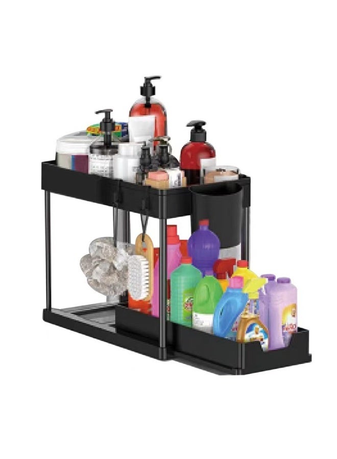 Under Sink Organizer, 2 Tier Bathroom Cabinet Organizers and Storage with Hook, Multi-purpose Storage Basket Shelf for Kitchen,with 4 Hooks and a Basket, Black - Image 1