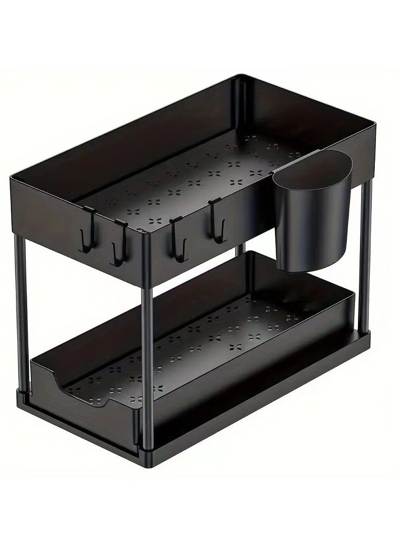 Under Sink Organizer, 2 Tier Bathroom Cabinet Organizers and Storage with Hook, Multi-purpose Storage Basket Shelf for Kitchen,with 4 Hooks and a Basket, Black - Image 2