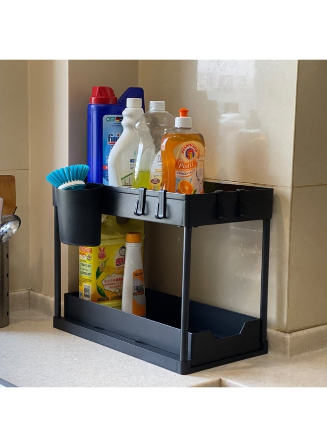 Under Sink Organizer, 2 Tier Bathroom Cabinet Organizers and Storage with Hook, Multi-purpose Storage Basket Shelf for Kitchen,with 4 Hooks and a Basket, Black - Image 4