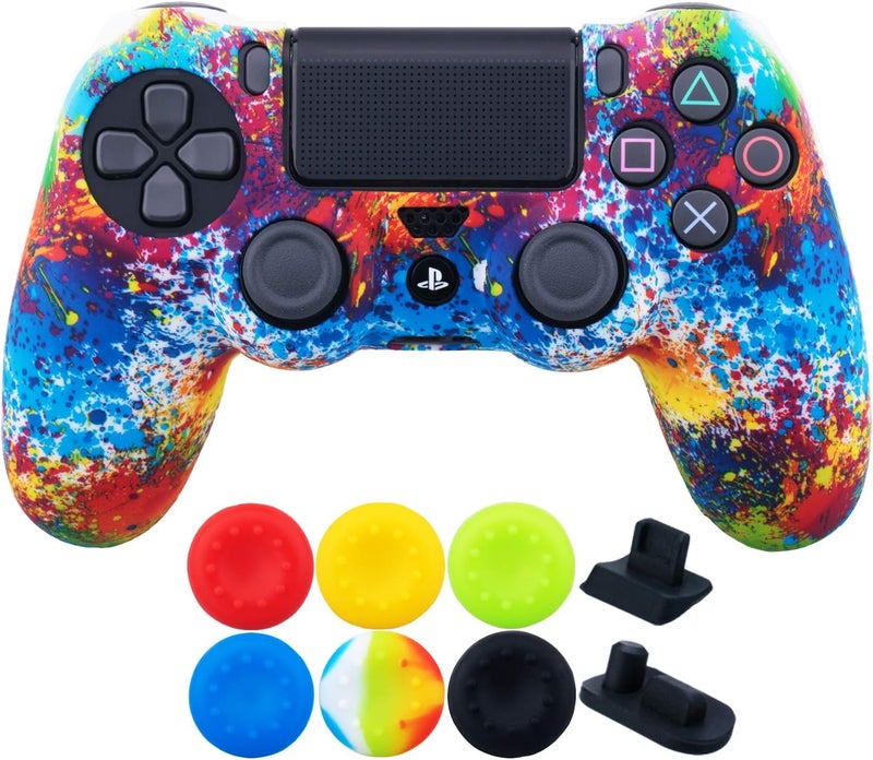 9CDeer 1 Piece of SiliconeTransfer Print Protective Cover Skin + 6 Thumb Grips & Dust Proof Plugs for PS4/Slim/Pro Controller Colour Paint - Image 1