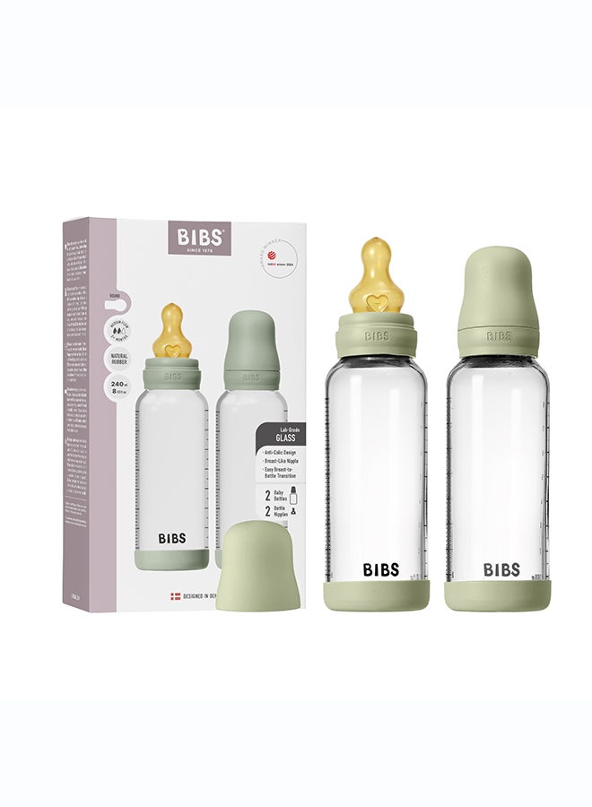 BIBS Glass Baby Bottle Round Latex 2 Pack 240 Ml Medium Flow Sage