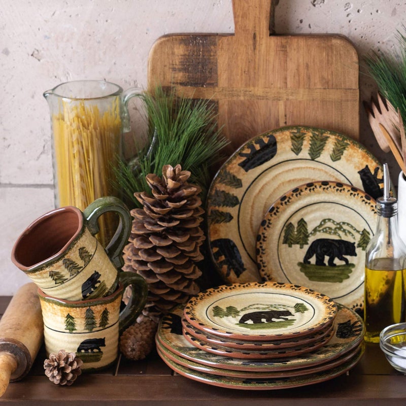 H HIEND ACCENTS Paseo Road Rustic Bear 16 Piece Ceramic Dinnerware Set with Plates Bowls and Mugs Rustic Cabin Lodge Style - Image 1