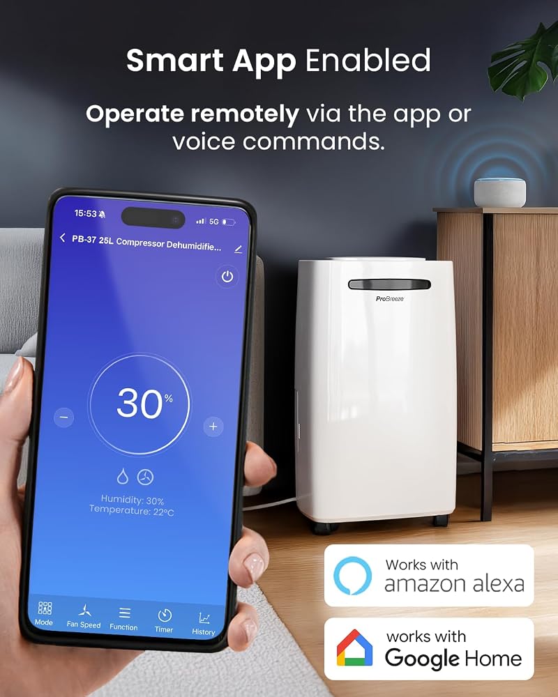 Pro Breeze Dehumidifier Compressor 25L/day for rooms up to 30 m² - 4 modes, Dryer, Continuous Drainage, 24h timer, 5.5L Large Tank - Against moisture, mould and mildew - Wi-Fi - Image 4