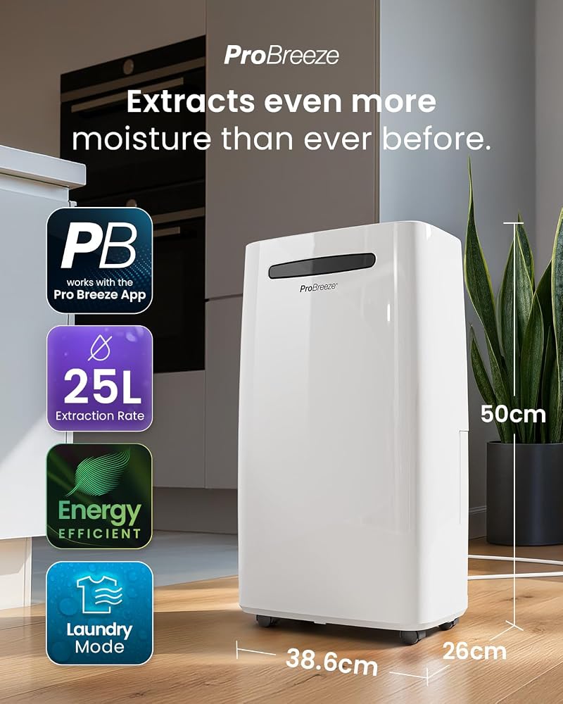 Pro Breeze Dehumidifier Compressor 25L/day for rooms up to 30 m² - 4 modes, Dryer, Continuous Drainage, 24h timer, 5.5L Large Tank - Against moisture, mould and mildew - Wi-Fi - Image 2