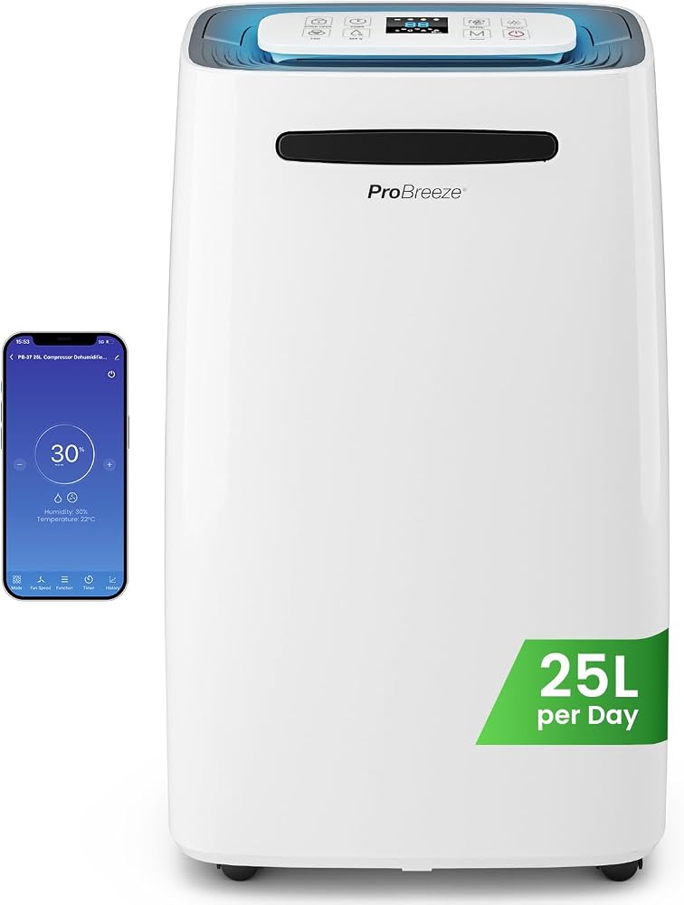 Pro Breeze Dehumidifier Compressor 25L/day for rooms up to 30 m² - 4 modes, Dryer, Continuous Drainage, 24h timer, 5.5L Large Tank - Against moisture, mould and mildew - Wi-Fi - Image 1