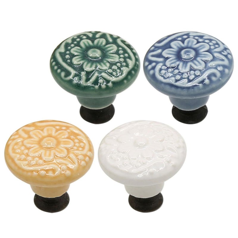 4Pcs Ceramic Drawer Knobs Embossed Round Furniture Pull Handles White Yellow Green Gray - Image 2