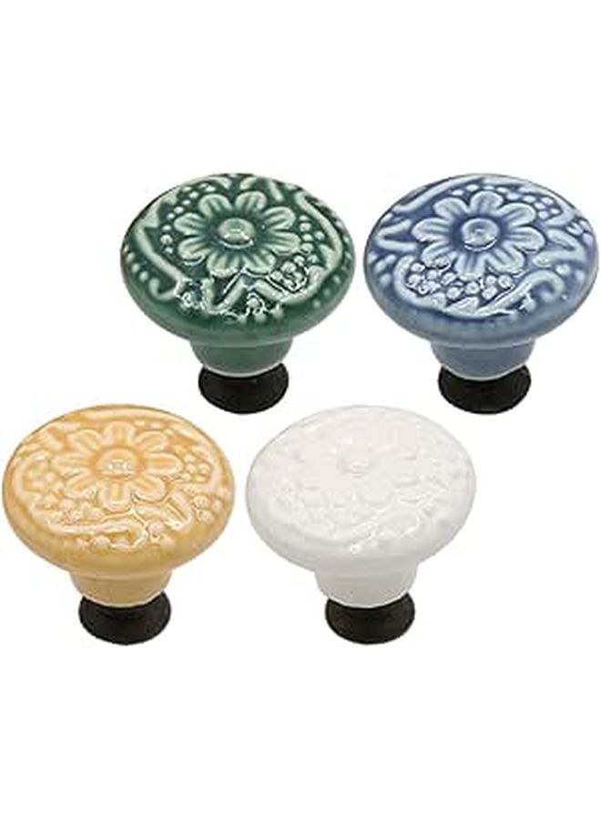 4Pcs Ceramic Drawer Knobs Embossed Round Furniture Pull Handles White Yellow Green Gray - Image 1
