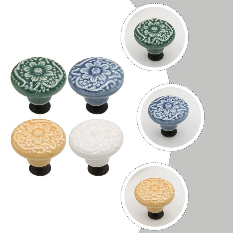 4Pcs Ceramic Drawer Knobs Embossed Round Furniture Pull Handles White Yellow Green Gray - Image 4