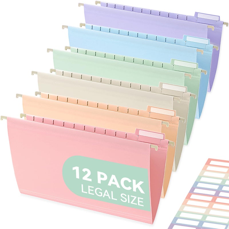 SortRax Plastic Legal Size Hanging File Folders, 12 Pack Pastel Hanging Folders, with Insertable 1/5-Cut Tabs for Filing Cabinets - Image 1