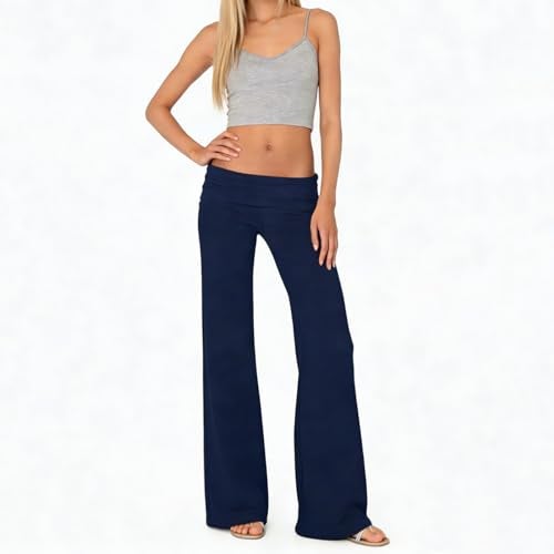 FOMOYUU Lounge Yoga Pants for Women Fold Over Low Waist Wide Leg Sweatpants Flare Leggings Bell Bottoms Y2K Foldover Pants (Navy Blue, S) - Image 4