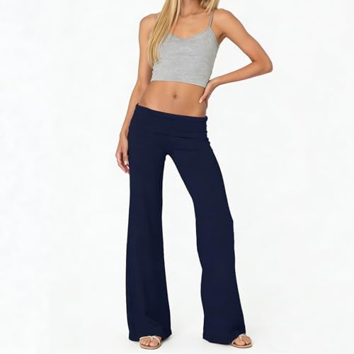 FOMOYUU Lounge Yoga Pants for Women Fold Over Low Waist Wide Leg Sweatpants Flare Leggings Bell Bottoms Y2K Foldover Pants (Navy Blue, S) - Image 5