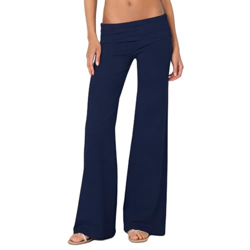 FOMOYUU Lounge Yoga Pants for Women Fold Over Low Waist Wide Leg Sweatpants Flare Leggings Bell Bottoms Y2K Foldover Pants (Navy Blue, S) - Image 1