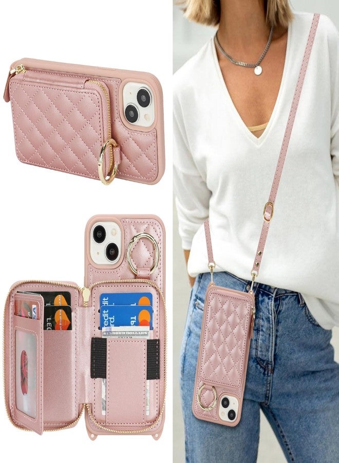 Hamany for iPhone 15 Plus Case Wallet with Card Holder for Women,for iPhone 15 Plus Phone case Wallet with Strap Credit Card Slots Crossbody with Kickstand Zipper Case-Rose Gold - Image 1