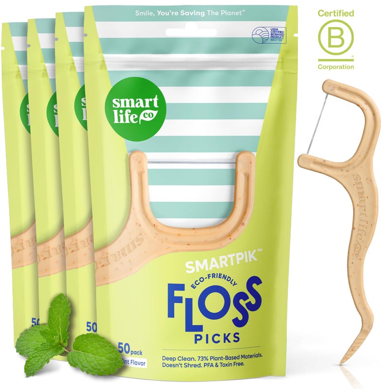 SmartLifeco Eco-Friendly Dental Floss Picks (200ct) - Flossers Made with Straw Wheat Blend, Superior Anti-Shred Thread for Tight Gaps, Tooth Pick Stick for Adults, Soft on Gum & Teeth, Vegan, Mint - Image 1