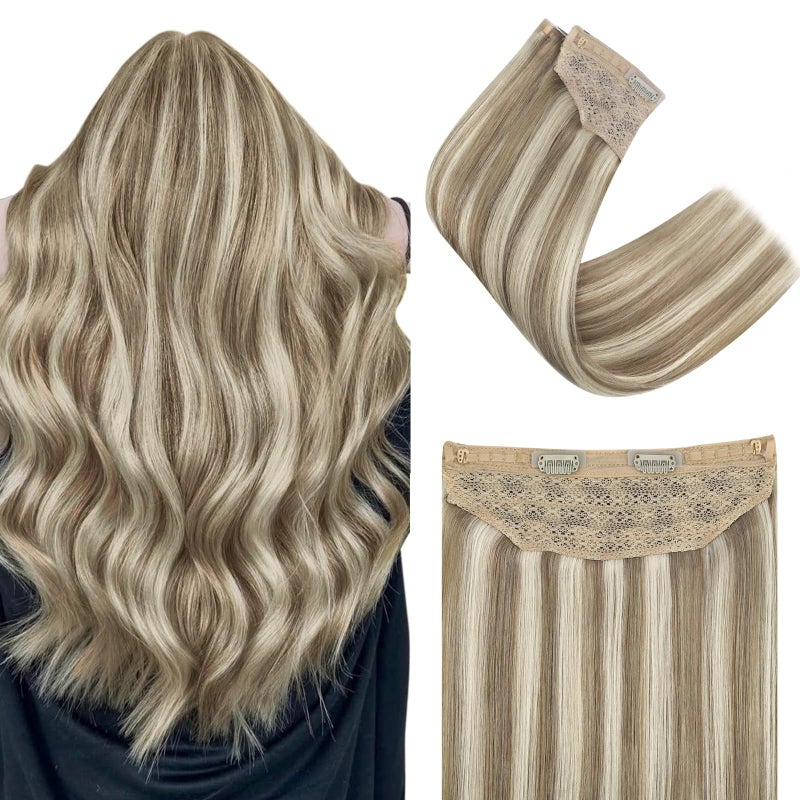 Easyouth Wire Extensions Blonde Highlights Remy Hair Wire Extensions Light Brown with Platinum Blonde Wire Real Human Hair Extensions NaturalLooking Hair Extensions with Fish Line 18Inch 80G