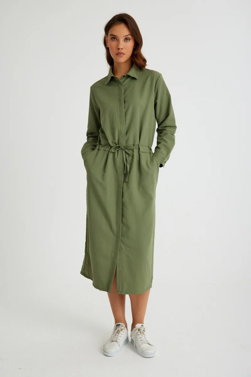 باربورا Linen Casual Waist Tie Detail Long Sleeve Dress LN07HAKI6