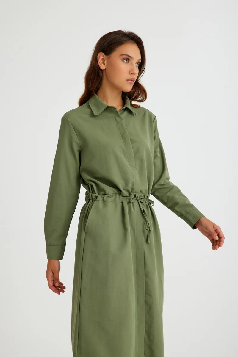 باربورا Linen Casual Waist Tie Detail Long Sleeve Dress LN07HAKI6