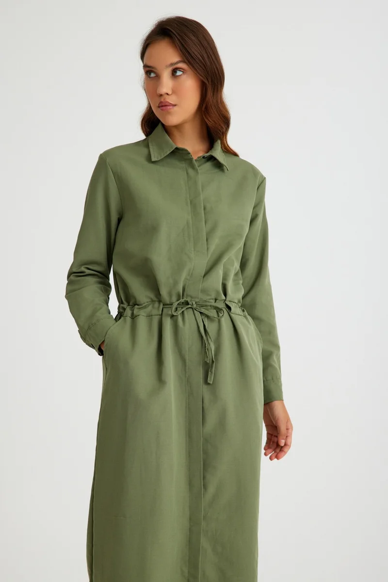 باربورا Linen Casual Waist Tie Detail Long Sleeve Dress LN07HAKI6