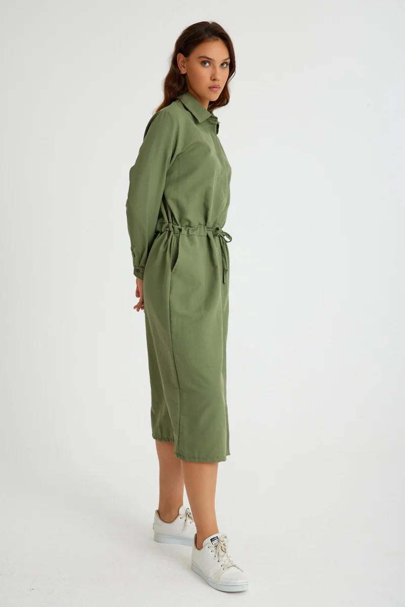 باربورا Linen Casual Waist Tie Detail Long Sleeve Dress LN07HAKI6