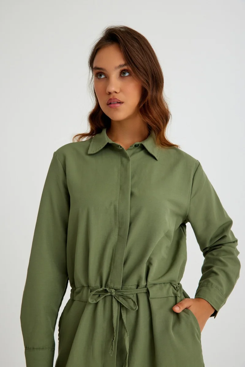 باربورا Linen Casual Waist Tie Detail Long Sleeve Dress LN07HAKI6