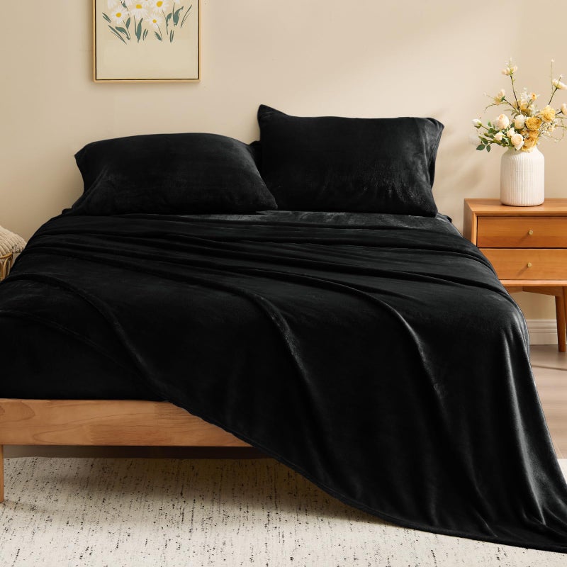 BEDELITE Flannel Sheets King Size Black - Super Soft Fleece Sheets Set Fluffy Extra Plush, 4 Piece(Include Fitted Sheet, Flat Sheet, 2 Pillowcases) - Image 2