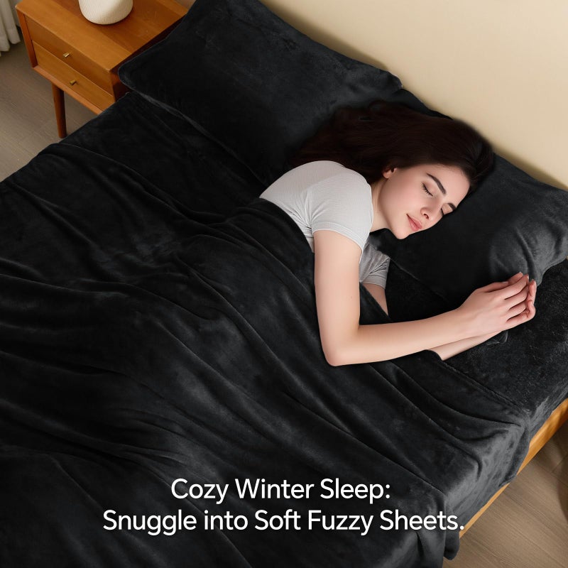 BEDELITE Flannel Sheets King Size Black - Super Soft Fleece Sheets Set Fluffy Extra Plush, 4 Piece(Include Fitted Sheet, Flat Sheet, 2 Pillowcases) - Image 3