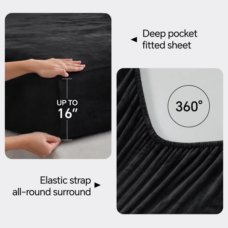 BEDELITE Flannel Sheets King Size Black - Super Soft Fleece Sheets Set Fluffy Extra Plush, 4 Piece(Include Fitted Sheet, Flat Sheet, 2 Pillowcases) - Image 4