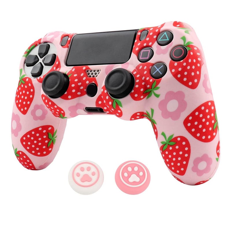 RALAN Pink Controller Skins for PS4,Fruit Silicone Controller Cover Skin Protector Compatible /PS4 Slim/PS4 Pro Controller with 2 Cute Thumb Grips Capsâ€¦ - Image 1