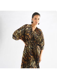 FAV Printed Pleated Maxi Dress with V-neck and 3/4 Sleeves  - Image 3