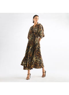 FAV Printed Pleated Maxi Dress with V-neck and 3/4 Sleeves  - Image 2
