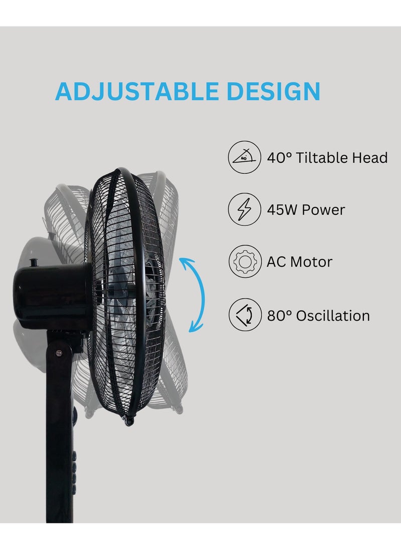 DOMEA 16-Inch Pedestal Fan with 5 Blades, Adjustable Height, 3-Speed Modes, 1-Hour Timer, Wide Angle Oscillation, Silent Operation, 45W Motor, Ideal for Home & Office Cooling, Classic Black  - Image 4