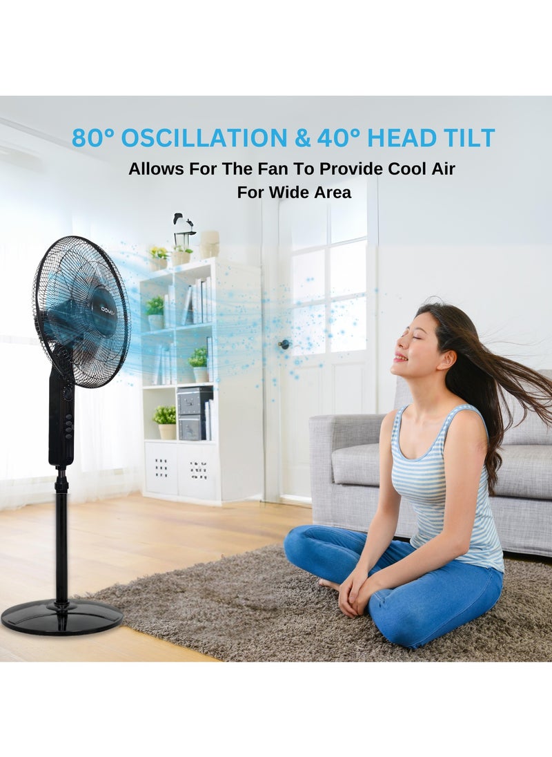 DOMEA 16-Inch Pedestal Fan with 5 Blades, Adjustable Height, 3-Speed Modes, 1-Hour Timer, Wide Angle Oscillation, Silent Operation, 45W Motor, Ideal for Home & Office Cooling, Classic Black  - Image 2
