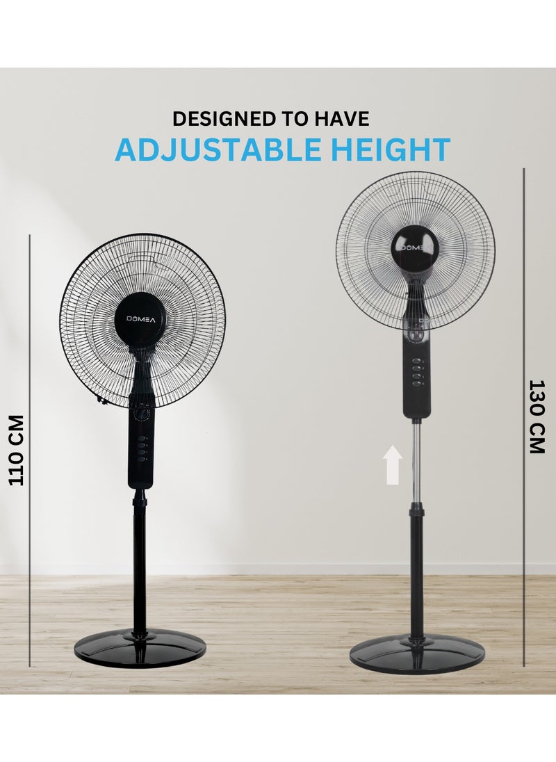 DOMEA 16-Inch Pedestal Fan with 5 Blades, Adjustable Height, 3-Speed Modes, 1-Hour Timer, Wide Angle Oscillation, Silent Operation, 45W Motor, Ideal for Home & Office Cooling, Classic Black  - Image 5