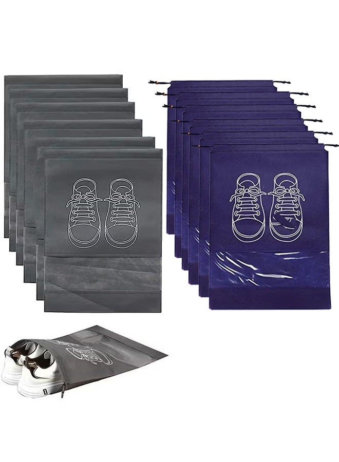 12 Pcs Large Travel Storage Shoe Bag  with Transparent Window – Portable Dustproof Shoe Storage Organizer for Men & Women – Drawstring, Foldable, Non-Woven – Grey/Dark Blue  - Image 1
